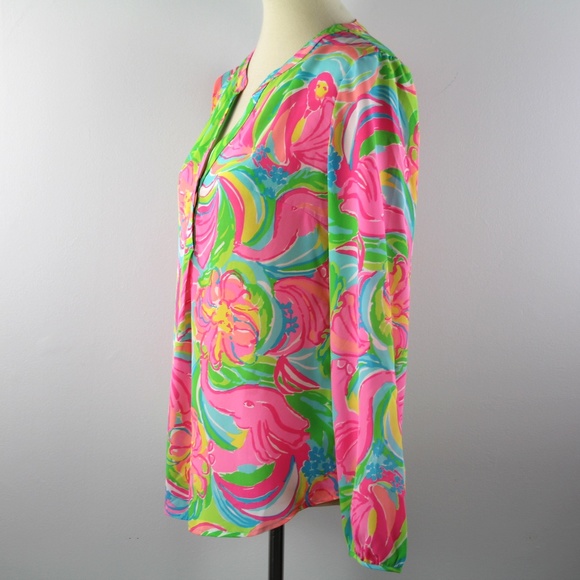 Lilly Pulitzer Silk Stacey Popover So A Peeling Monkey Elephant Pink Green Top S - Picture 4 of 7